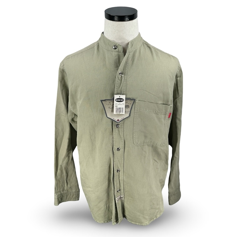 Vintage Bugle Boy Mandarin Collar Button Shirt Small Khaki Green Long Sleeve New
